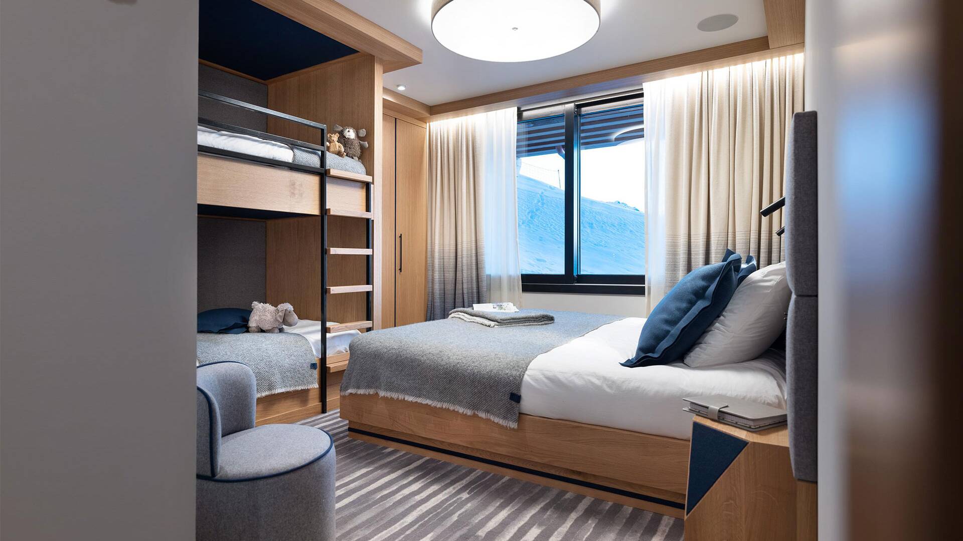 double bed and set of bunk beds