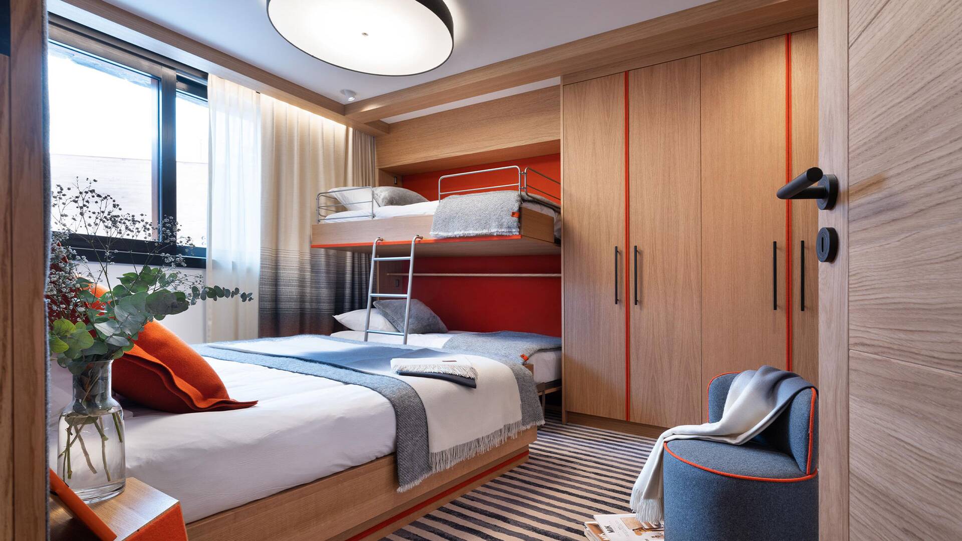 double bed and set of bunk beds